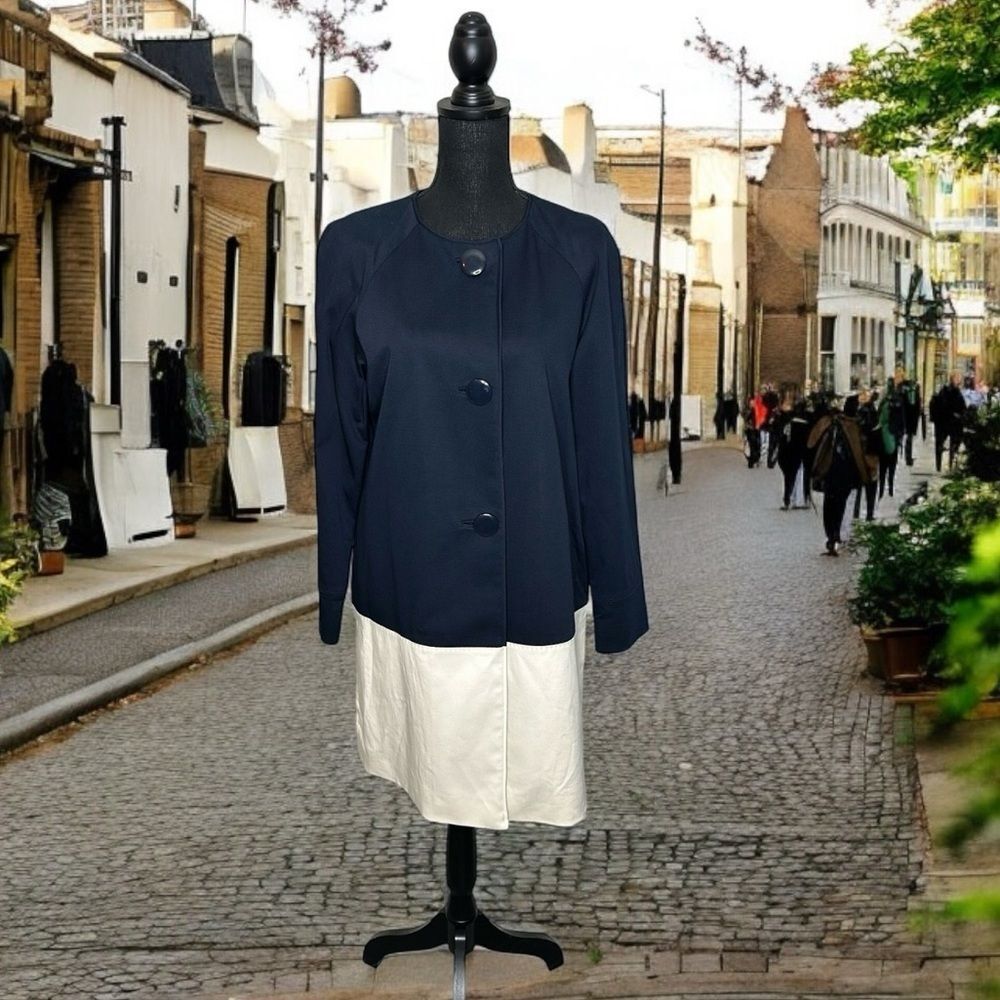 Kate Spade Ritchie Coat 3 Button Trench Coat Size Medium Navy Cream White